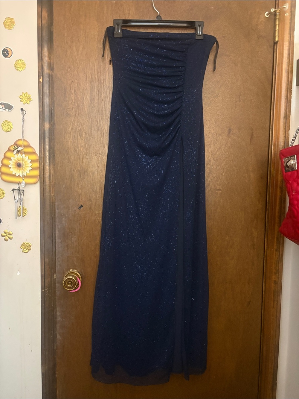 Taboo Navy Sparkle Ruched Strapless Maxi Dress